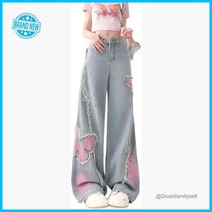 Y2K Baggy Ripped Jeans Wide Leg Butterfly Print Star Patch Distressed Denim